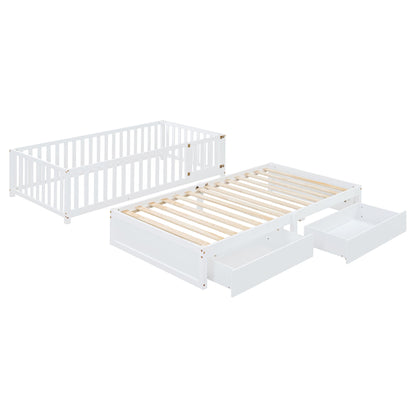 Twin Size Daybed With Fence Guardrails And 2 Drawers, Split Into Independent Floor Bed & Daybed - White
