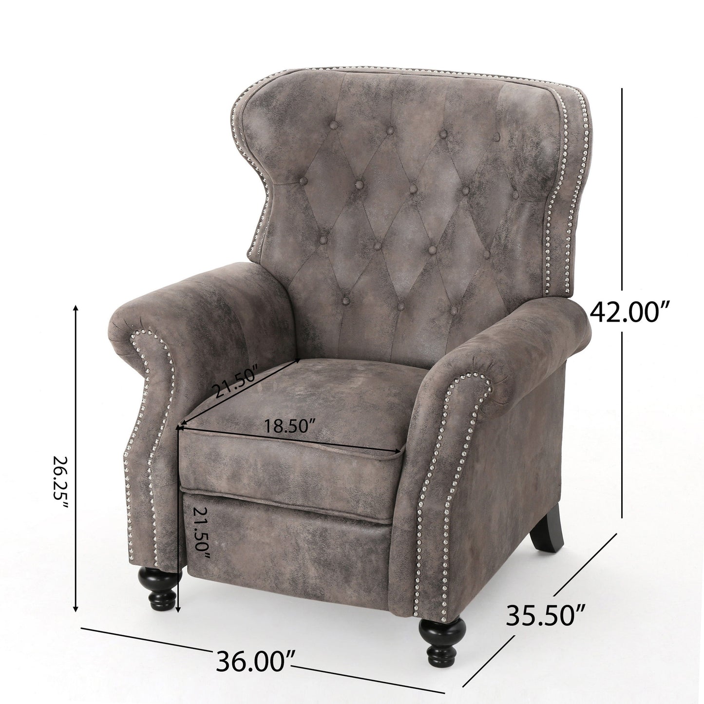 Accented Push Back Recliner Chair With Rolled Arms, Cocooning Comfort - Brown Gray