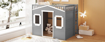 Full Size House Loft Bed With Ladder - Gray / White