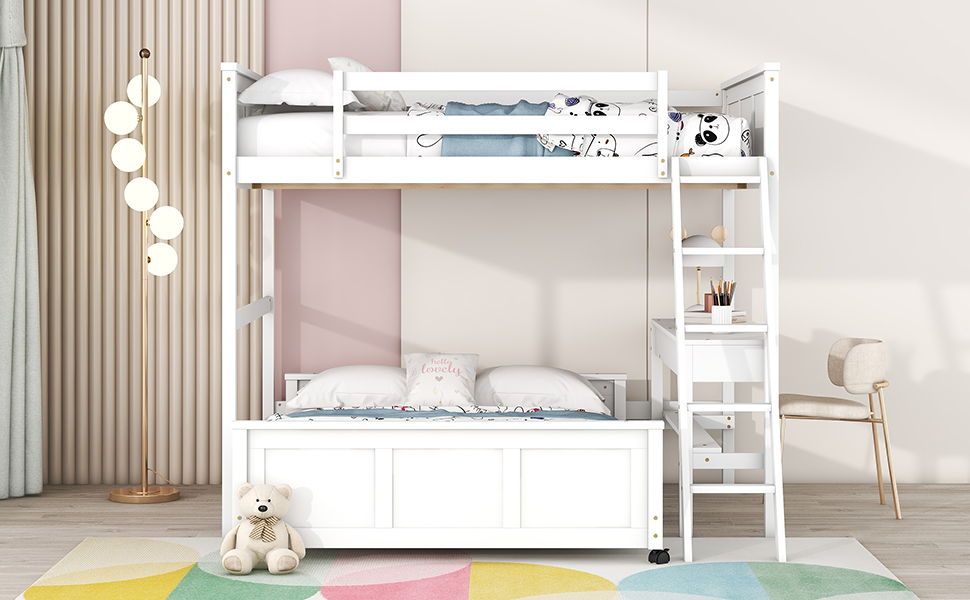 Full Over Full Bunk Bed With Desk - White