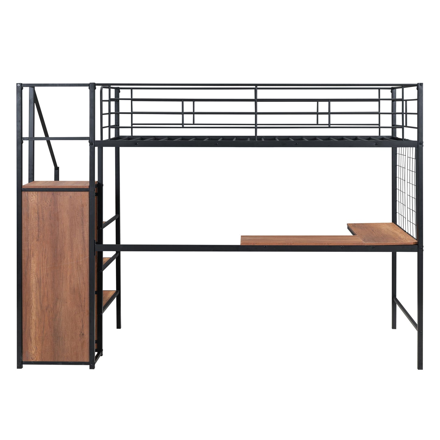 Twin Size Loft Bed With Desk And Grid, Stylish Frame With Lateral Storage Ladder And Wardrobe - Black