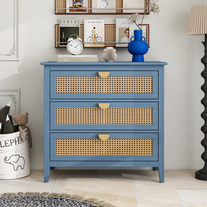 3 Drawer Cabinet Natural Rattan Suitable For Bedroom - Blue