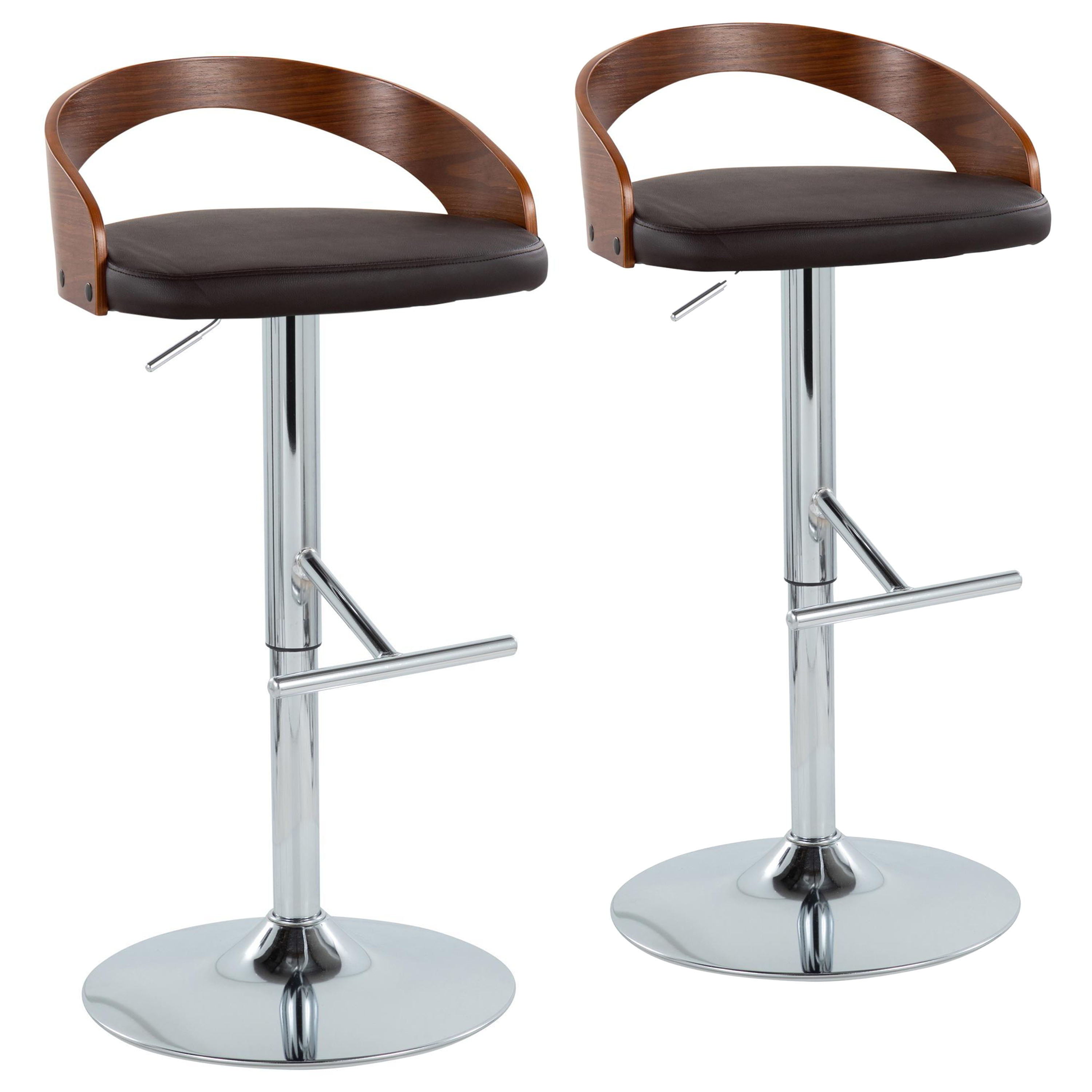 Grotto - Mid-Century Modern Adjustable Height Barstool With Swivel With Straight T Footrest (Set of 2) - Chrome / Walnut / Brown