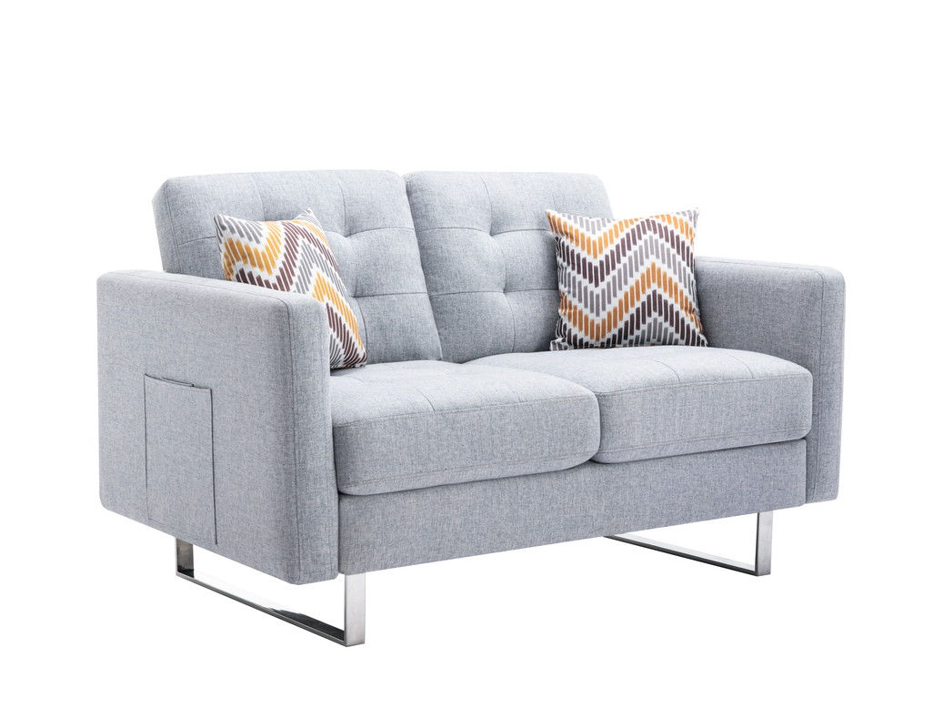 Victoria - Linen Fabric Loveseat With Metal Legs, Side Pockets, And Pillows - Light Gray