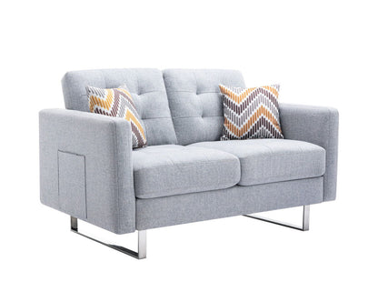 Victoria - Linen Fabric Loveseat With Metal Legs, Side Pockets, And Pillows - Light Gray