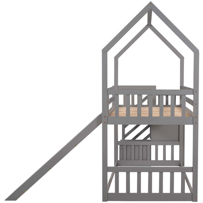 Twin Over Twin House Bunk Bed With Convertible Slide, Storage Staircase Can Be Placed Left Or Right - Gray