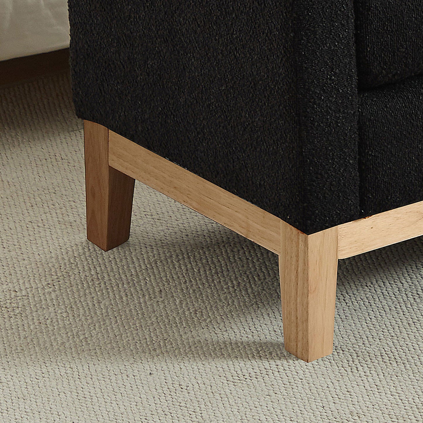 Elegant Upholstered Bench Daybed Ottoman With Nature Wood Legs & Bolster Pillows - Black Boucle