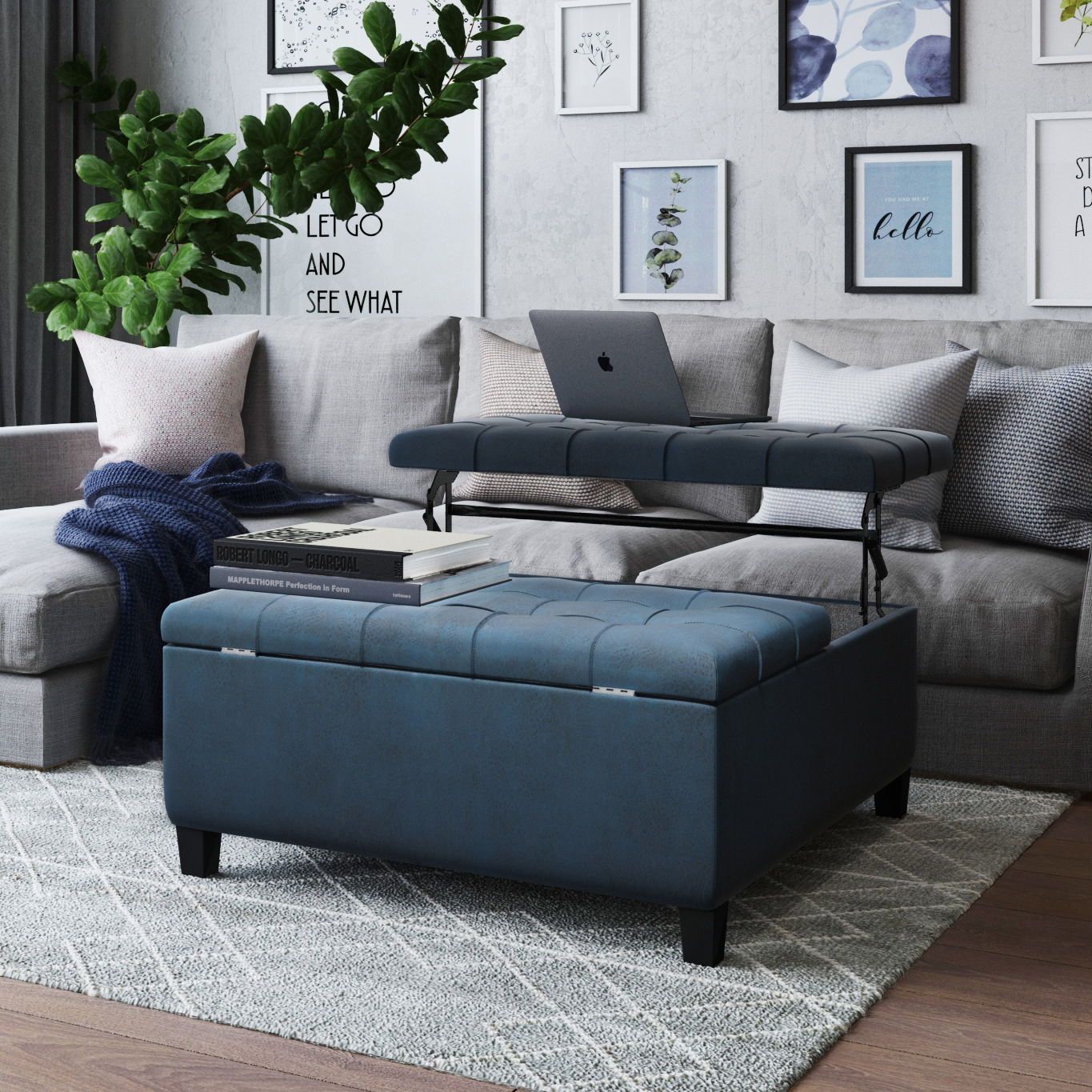 Harrison - Coffee Table Storage Ottoman - Distressed Dark Blue