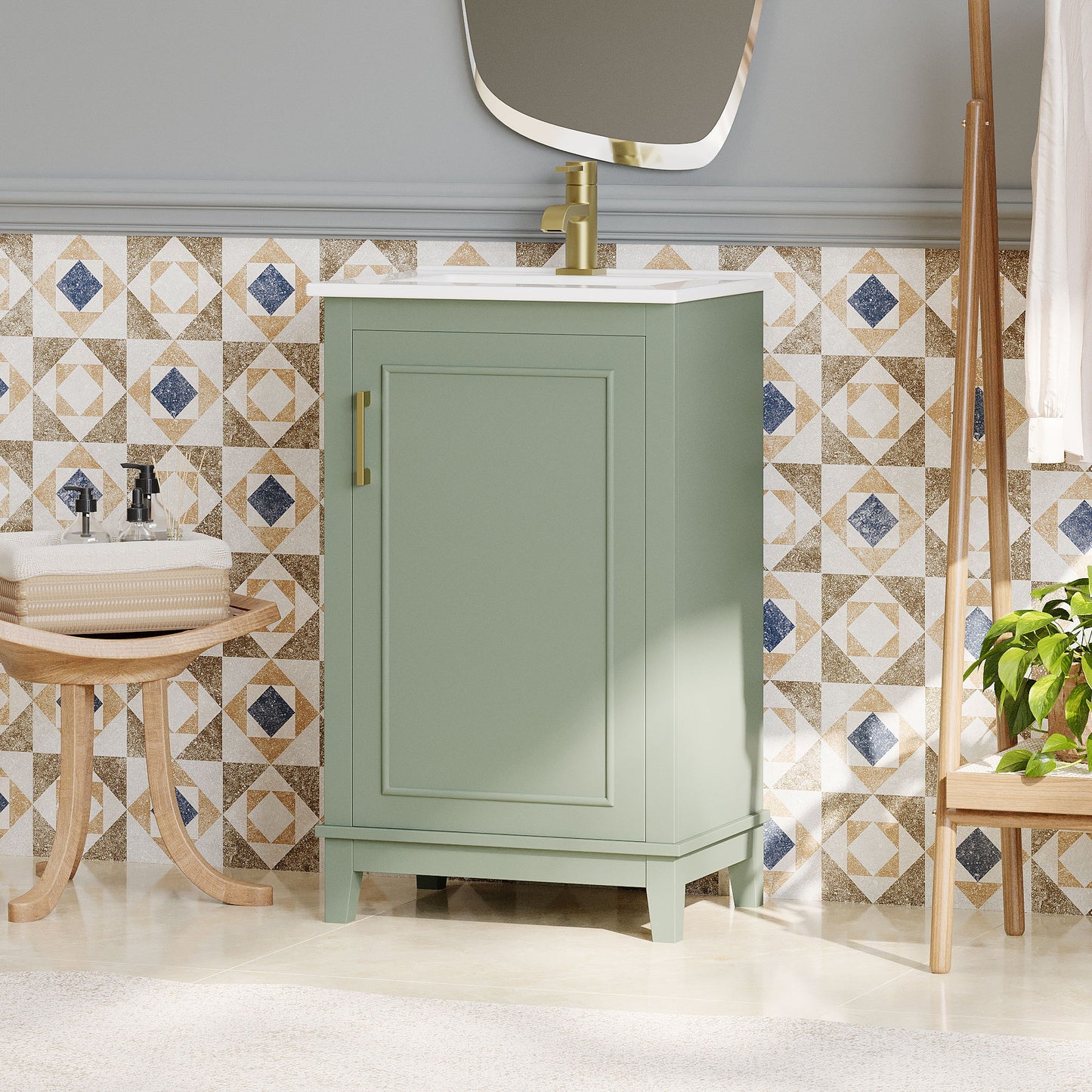 Modern Small Bathroom Vanity Cabinet With Ceramic Basin, Ample Storage, 1 Soft Close Door - Green