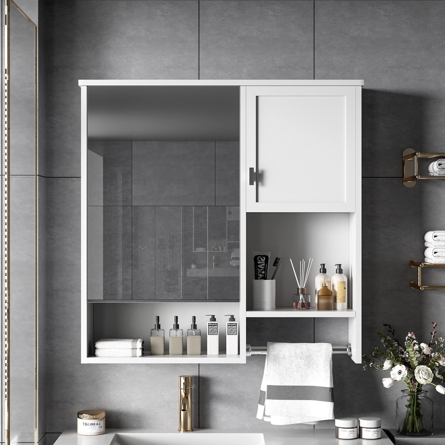 Modern Wall Mounted Bathroom Medicine Cabinet, Bathroom Wall Storage Cabinet With Mirror, Over The Toilet Space Saver Cabinet With Towels Bar - White