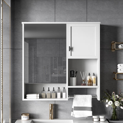 Modern Wall Mounted Bathroom Medicine Cabinet, Bathroom Wall Storage Cabinet With Mirror, Over The Toilet Space Saver Cabinet With Towels Bar - White