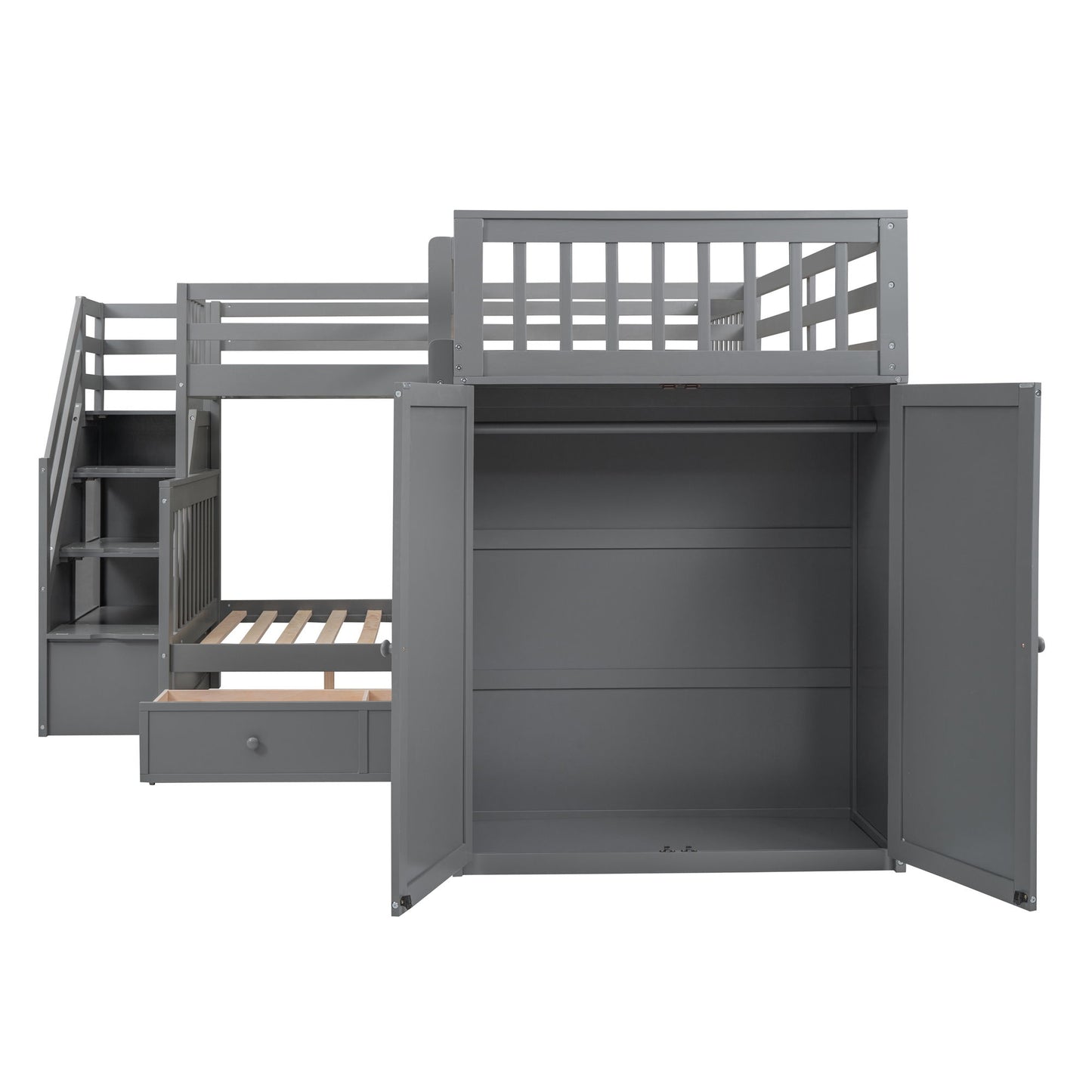 Twin Twin Over Full L Shaped Bunk Bed With 3 Drawers, Portable Desk And Wardrobe - Gray