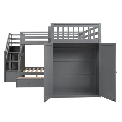 Twin Twin Over Full L Shaped Bunk Bed With 3 Drawers, Portable Desk And Wardrobe - Gray
