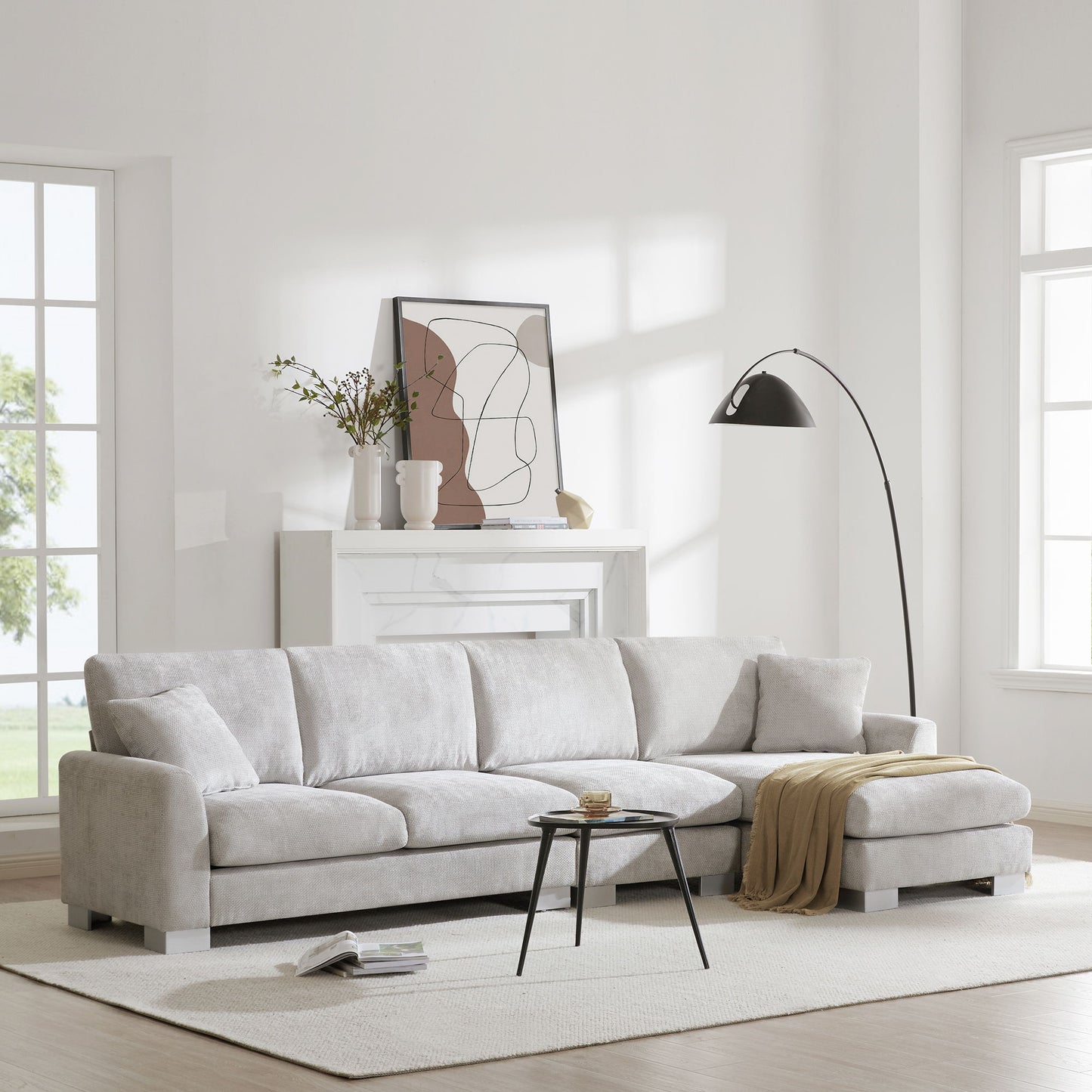 Modern Oversized Sectional Sofa, L-Shaped Luxury Couch Set With 2 Free Pillows, 5 Seat Chenille Indoor Furniture With Chaise - Light Gray
