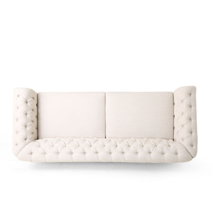 Comfy 3 Seat Sofa With Wooden Legs, Retro Style For Living Room And Study - Beige