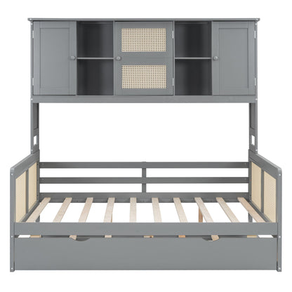 Full Size Wooden Daybed & Twin Size Trundle, And All In One Cabinet And Shelf - Gray