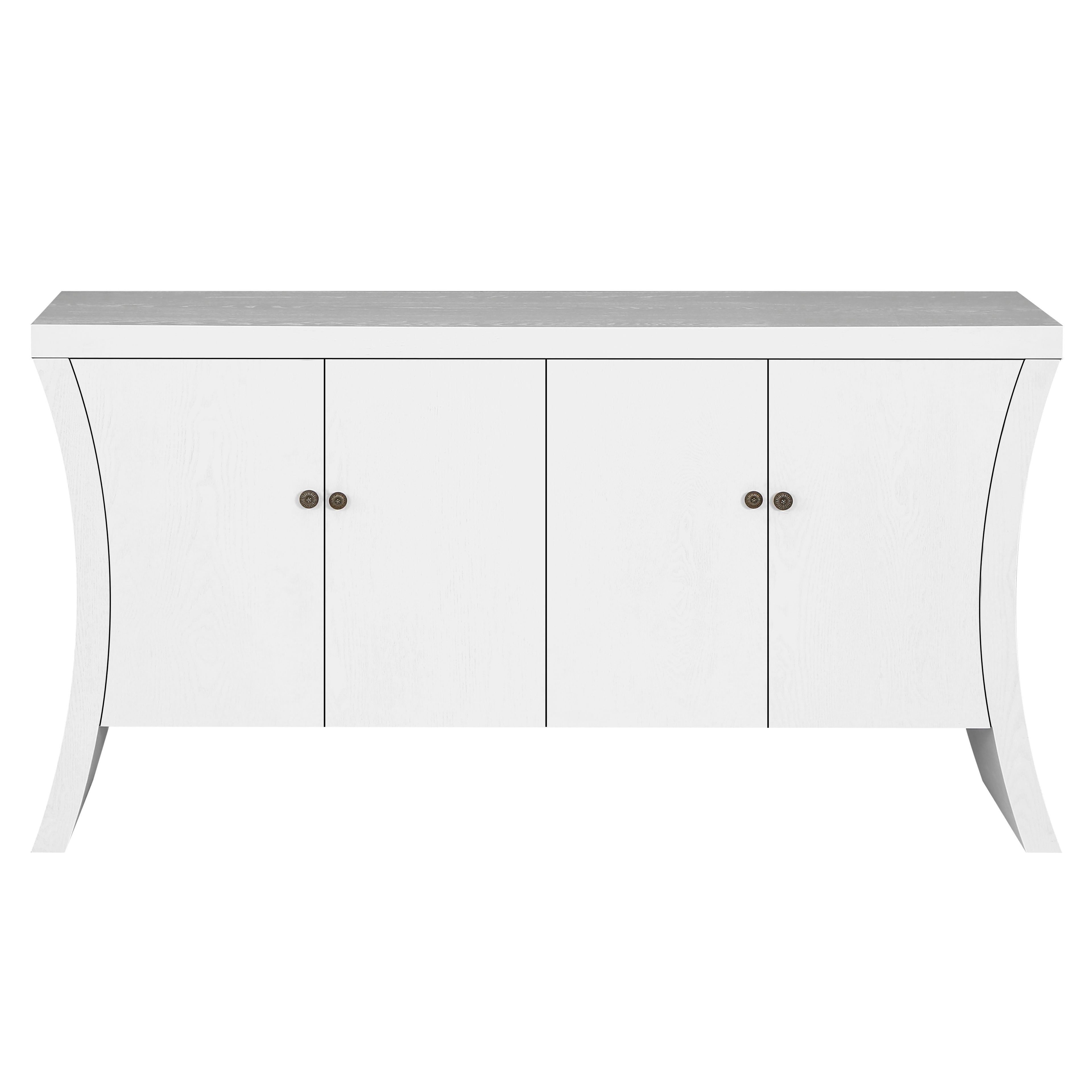 Refined Industrial 4 Door Credenza With Wooden Arc Legs & Bronze Clasps, Advanced Storage Design - White