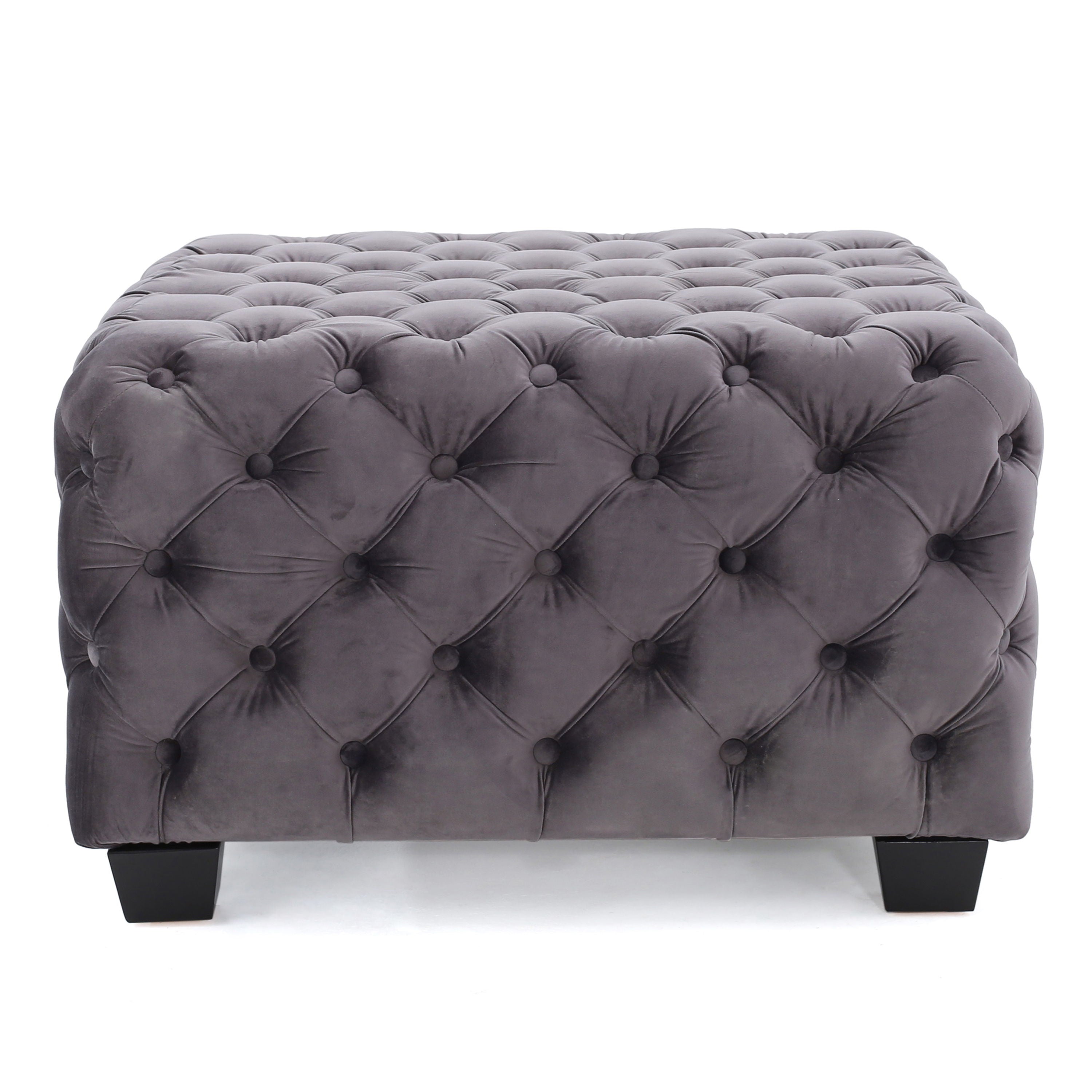 Modern Glam Velvet Ottoman With Button Tufted Diamond Stitch Design - Gray