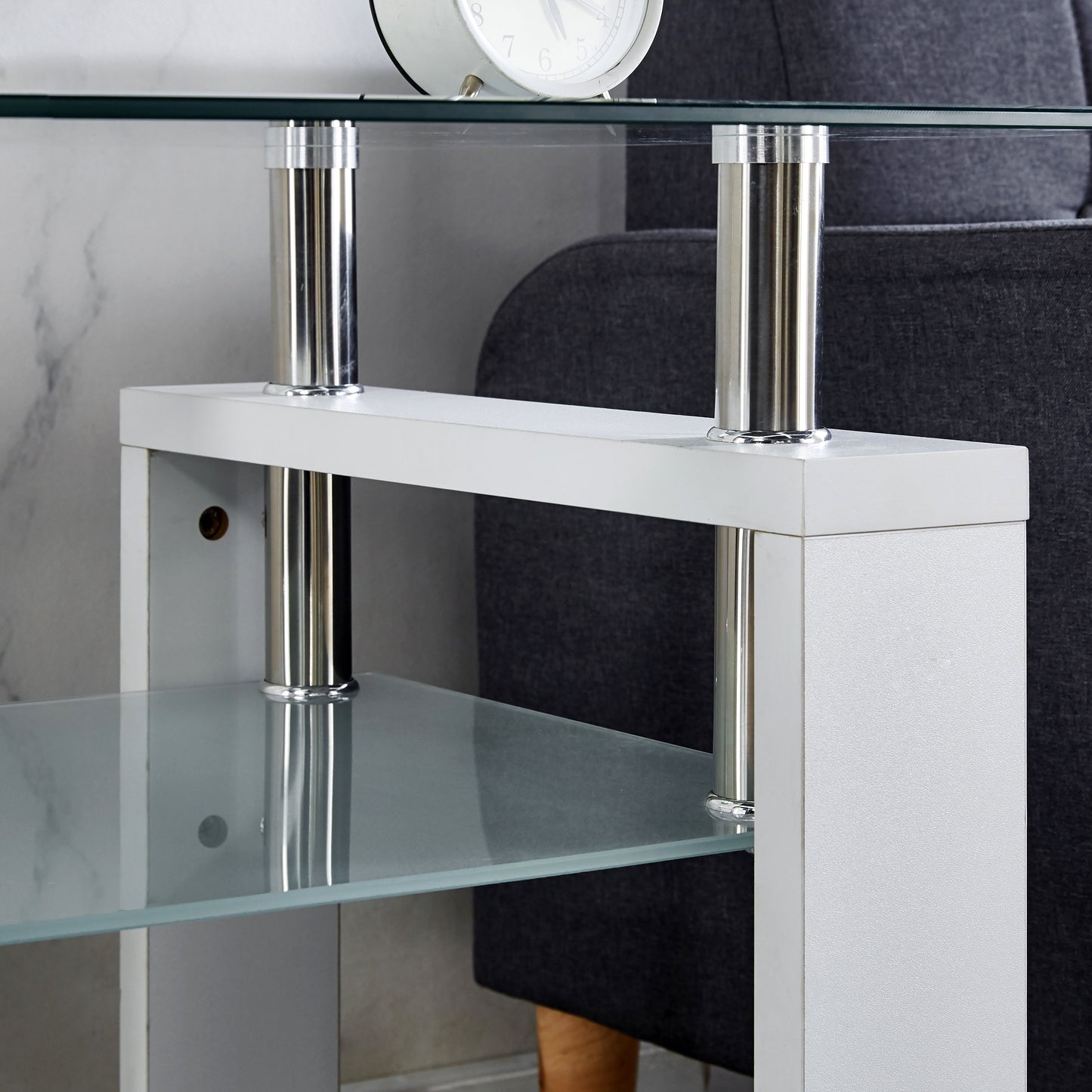 Clear Glass Top Side Table, End Table, Modern Design For Home - White