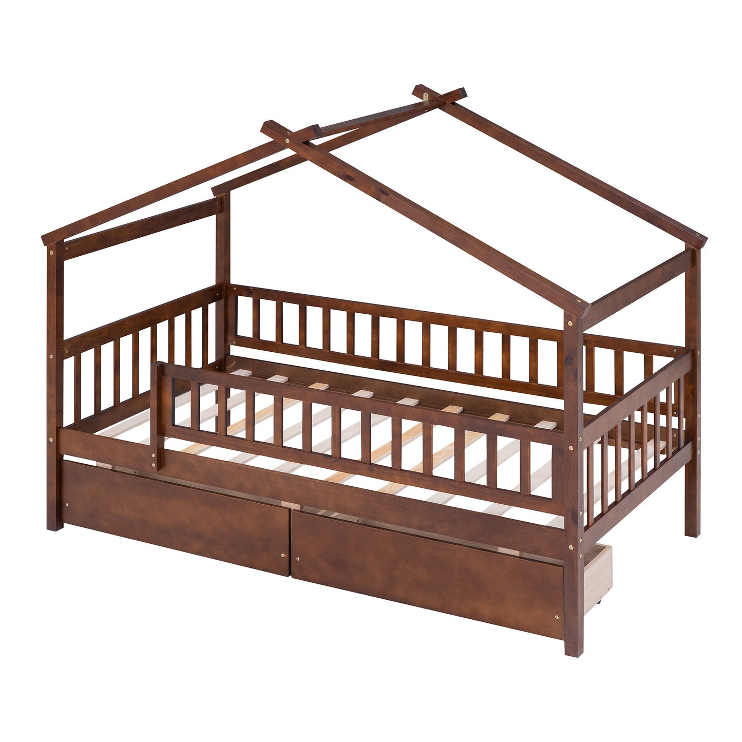Twin Size House Bed With 2 Drawers - Walnut