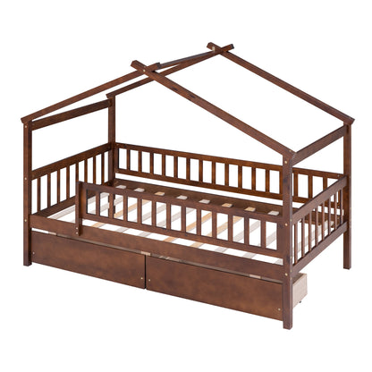 Twin Size House Bed With 2 Drawers - Walnut