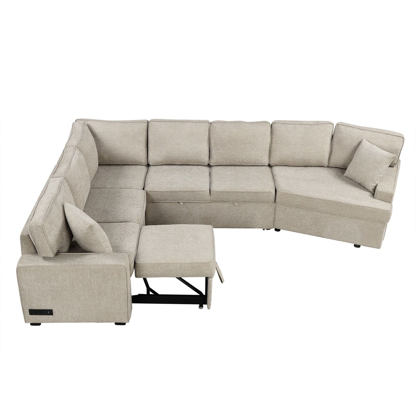 L-Shaped Sofa Sectional Sofa Couch Pull-Out Sofa Bed With Charging Devices And Cup Holders For Living Room - Beige