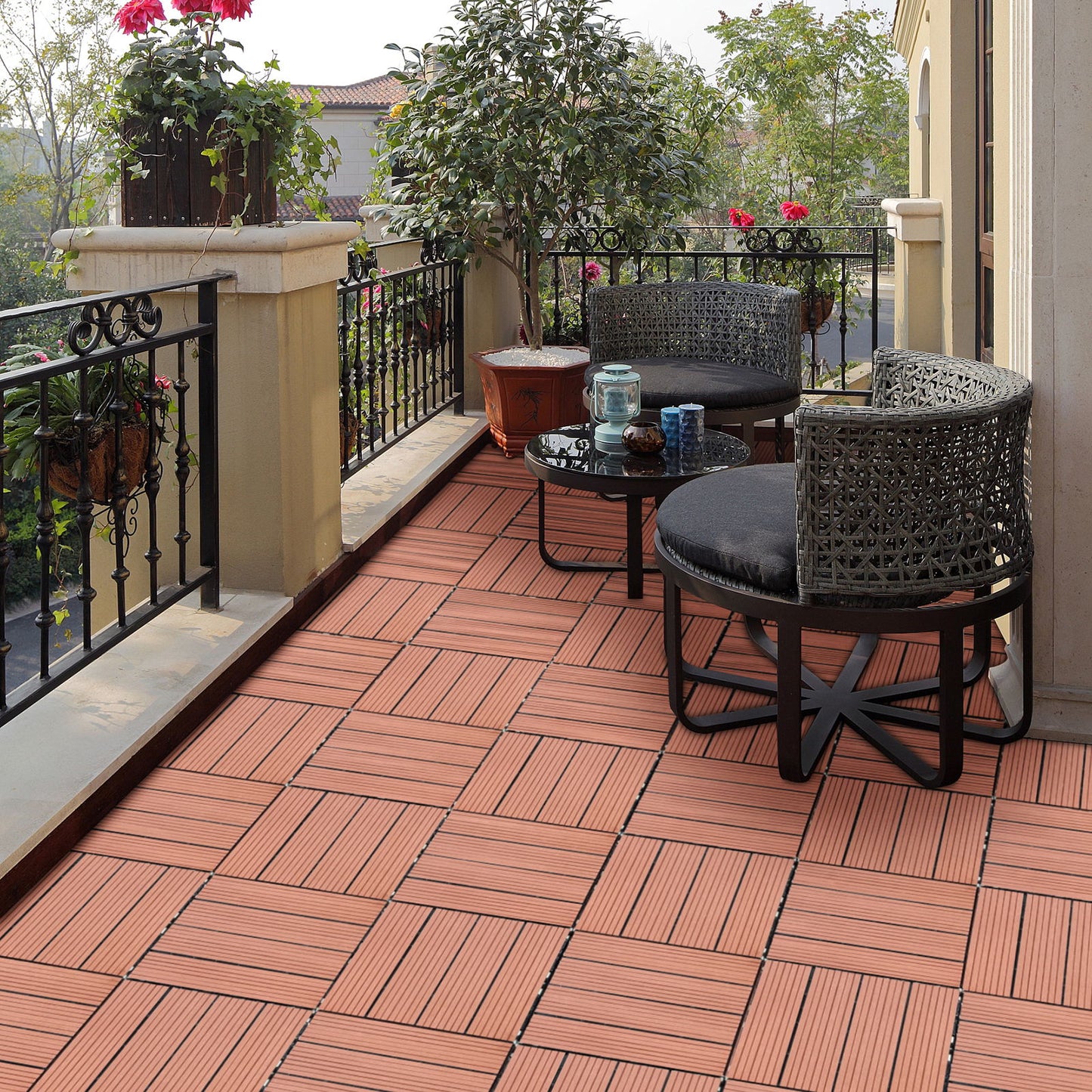 Wood Plastic Composite Deck Tiles (Set of 20), Sustainable Composite Decking Resist Rust, Water, Weather, Easy To Diy & Maintain, Ideal For Patios, Balconies, Rooftops - Mahogany