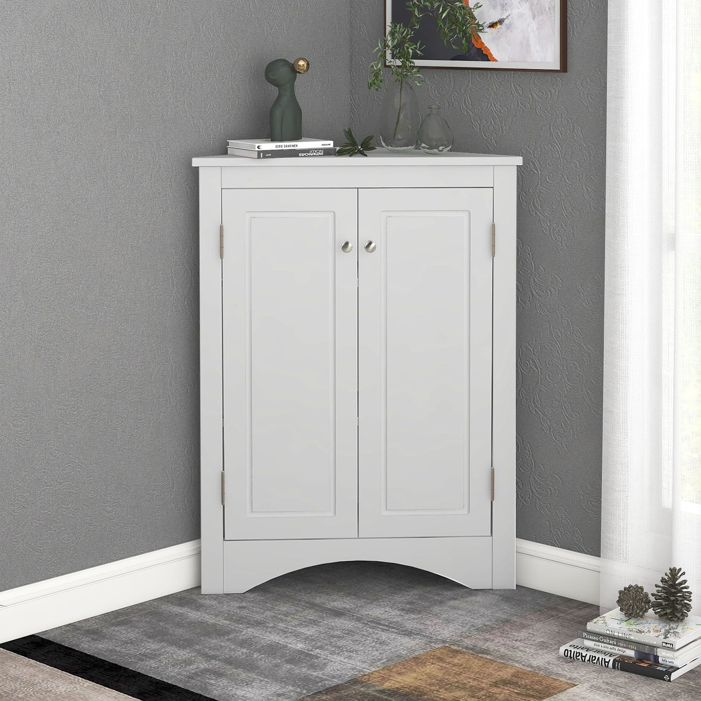 Triangle Bathroom Storage Cabinet With Adjustable Shelves, Freestanding Floor Cabinet For Home Kitchen - White