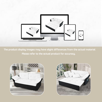 Modern Convertible Sleeper Sofa Bed With Pull Out Queen Design, Side Storage & Thick Cushions Chenille Loveseat For Living Room Or Bedroom 3 In 1 Function - - White