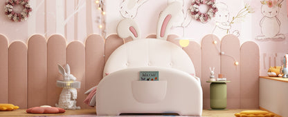 Twin Size Upholstered Rabbit-Shape Princess Bed, Twin Size Platform Bed With Headboard And Footboard - White