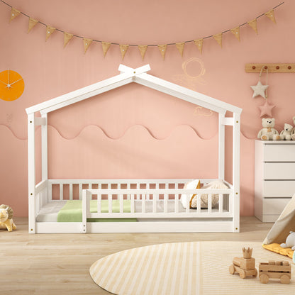Twin Size Bed House Bed Frame & Fence - White