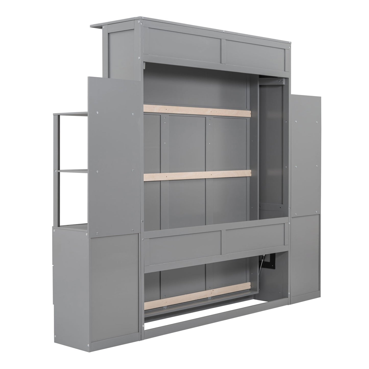 Queen Size Murphy Wall Bed With Shelves, Drawers And LED Lights - Gray