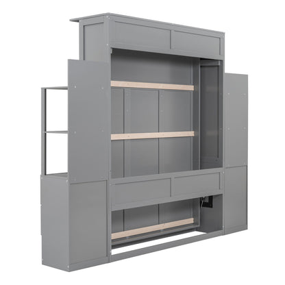 Queen Size Murphy Wall Bed With Shelves, Drawers And LED Lights - Gray