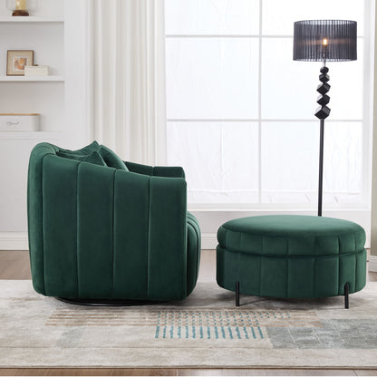 Oversized Swivel Barrel Accent Chair And Ottoman Set With Storage - Green