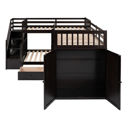 Twin Twin Over Full L Shaped Bunk Bed With 3 Drawers, Portable Desk And Wardrobe - Espresso