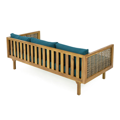 Claremont - 3 Seater Daybed With Rattan Arms And Cushions, Acacia Wood Frame - Teak / Teal