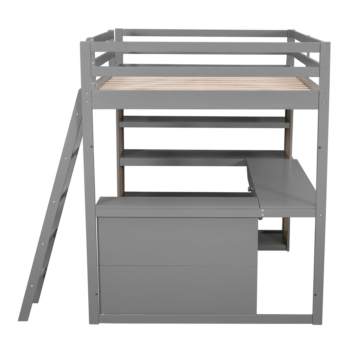 Full Size Loft Bed With Ladder, Shelves, And Desk - Gray