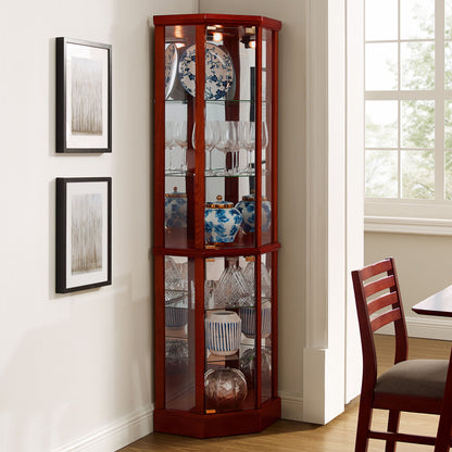 6 Shelf Lighted Corner Curio Cabinet With Adjustable Tempered Glass Shelves And Mirror Back (E26 Light Bulb Not Included) - Cherry