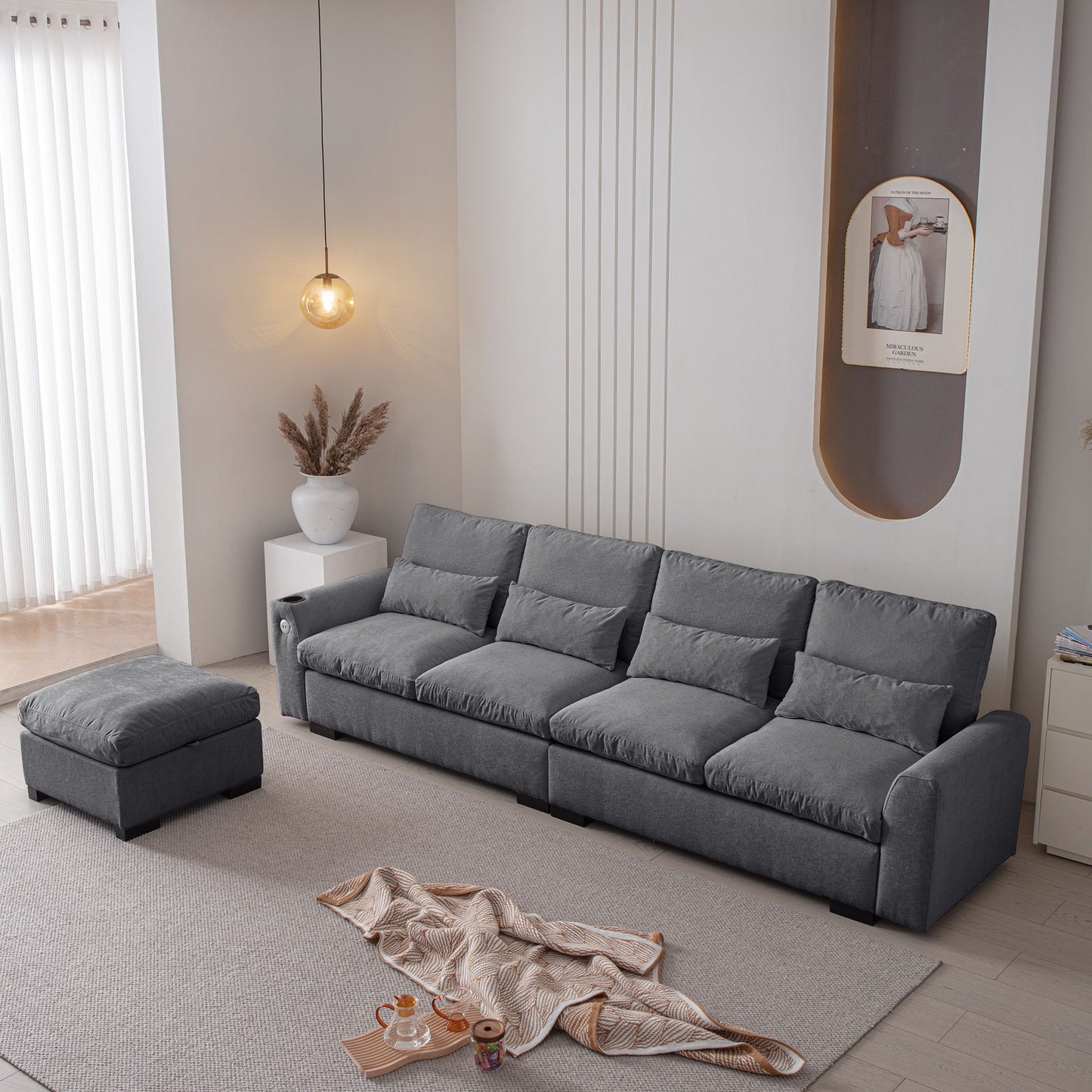 Modern Modular L Shaped Chenille Sofa Couch Reversible Ottoman With Storage Removable And Washable Cushions Sofa With USB Ports & Cup Holder For Living Room - Dark Gray