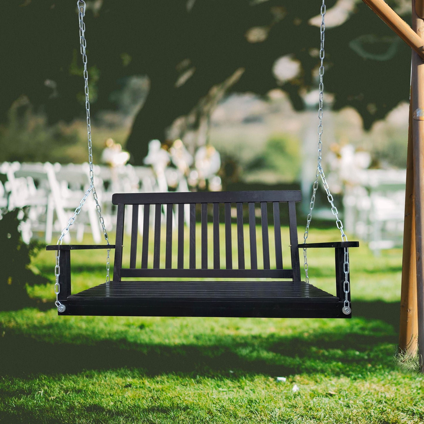 Front Porch Swing With Armrests For Outdoor Patio, Garden Yard, Backyard Or Sunroom - Black