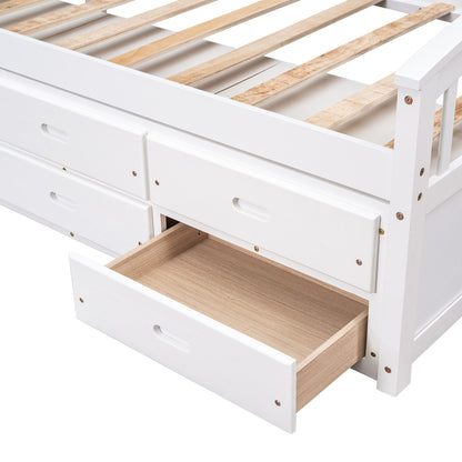 Twin Size Platform Storage Bed Solid Wood Bed With 6 Drawers - White