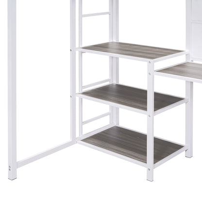 Twin Size Loft Bed With Desk And Whiteboard, Loft Bed With 3 Shelves And Ladder - White