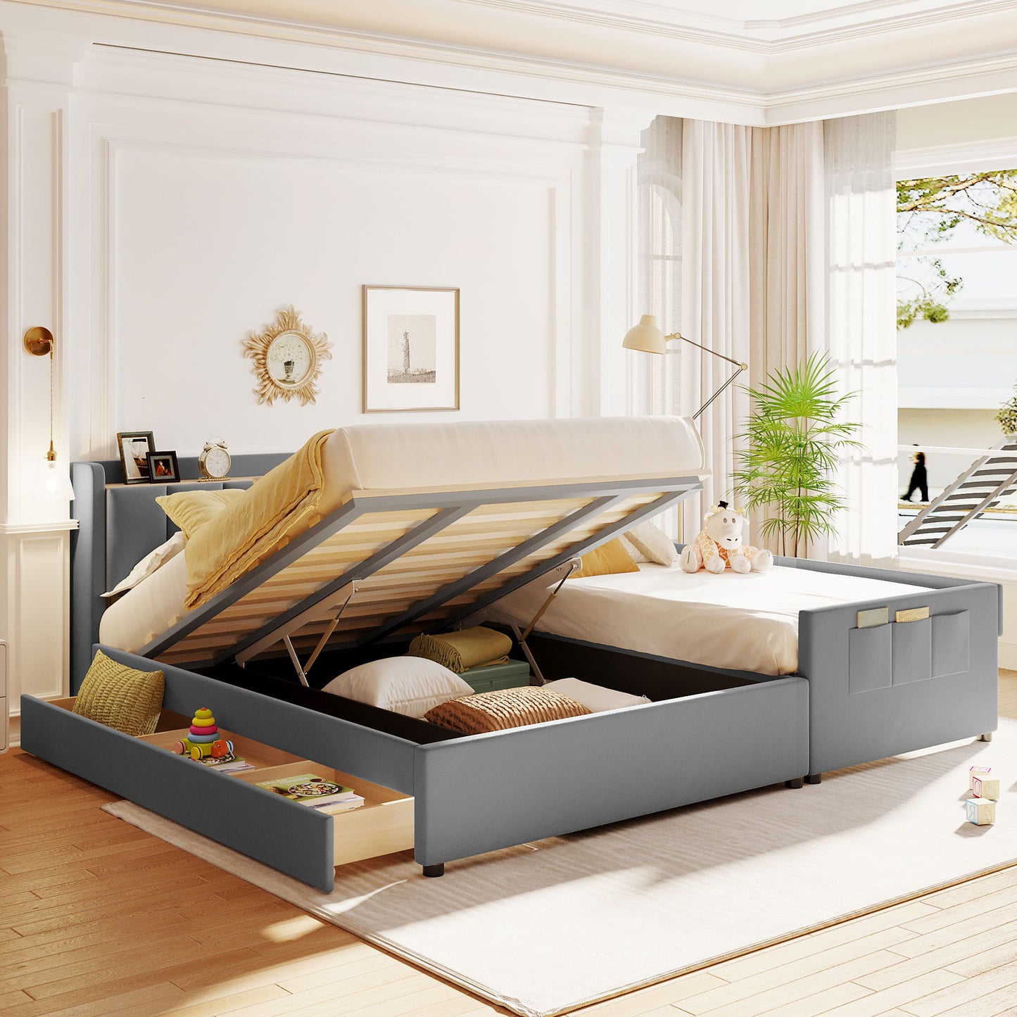 Queen & Twin Long Size Upholstered Platform Bed, Mother & Child Bed With Hydraulic Storage System, Drawer Box, Bedhead Storage Shelf And 2 Pairs Of Sockets & USB Ports - Gray