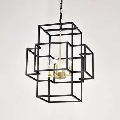4 Light Metal Lantern Tiered Pendant Hanging Light Fixtures, Industrial Farmhouse Adjustable Height Chandeliers For Dining Room Hallway Foyer Entryway (E12 Bulbs Not Included) - Matte Black / Gold