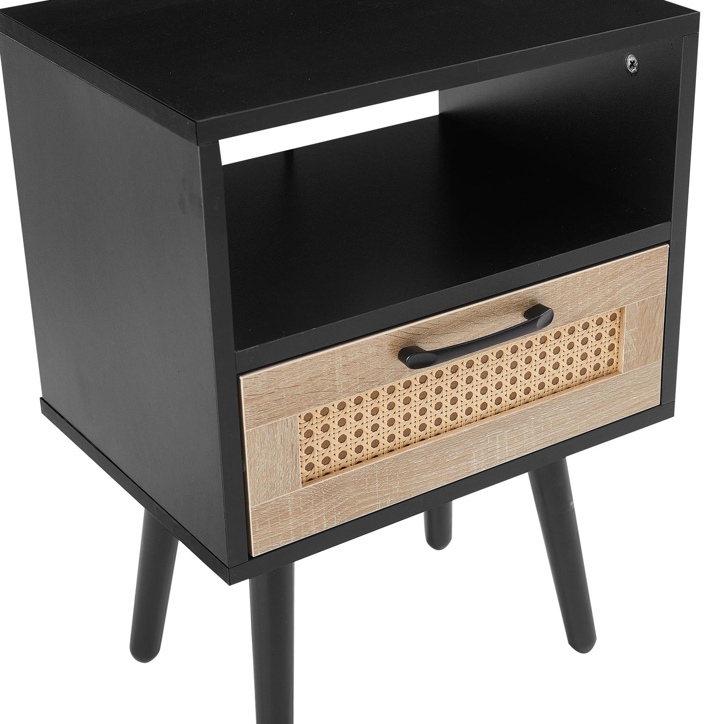 15.75" Rattan End Table With Drawer And Solid Wood Legs, Modern Nightstand, Side Table For Living Room, Bedroom - Black