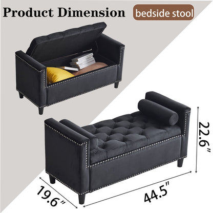 Storage Bench, Queen Velvet Button Bedside Bench, Entryway Living Room With Armrests, Nailhead Trim, Upholstered Bedroom Bench, Bedside Ottoman, Living Room, Entryway - Black