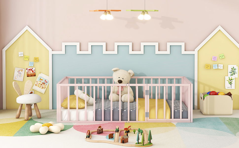 Twin Size Floor Bed Frame With Fence And Door - Pink