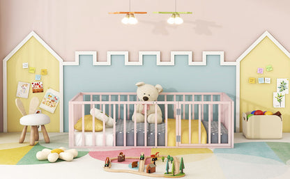 Twin Size Floor Bed Frame With Fence And Door - Pink