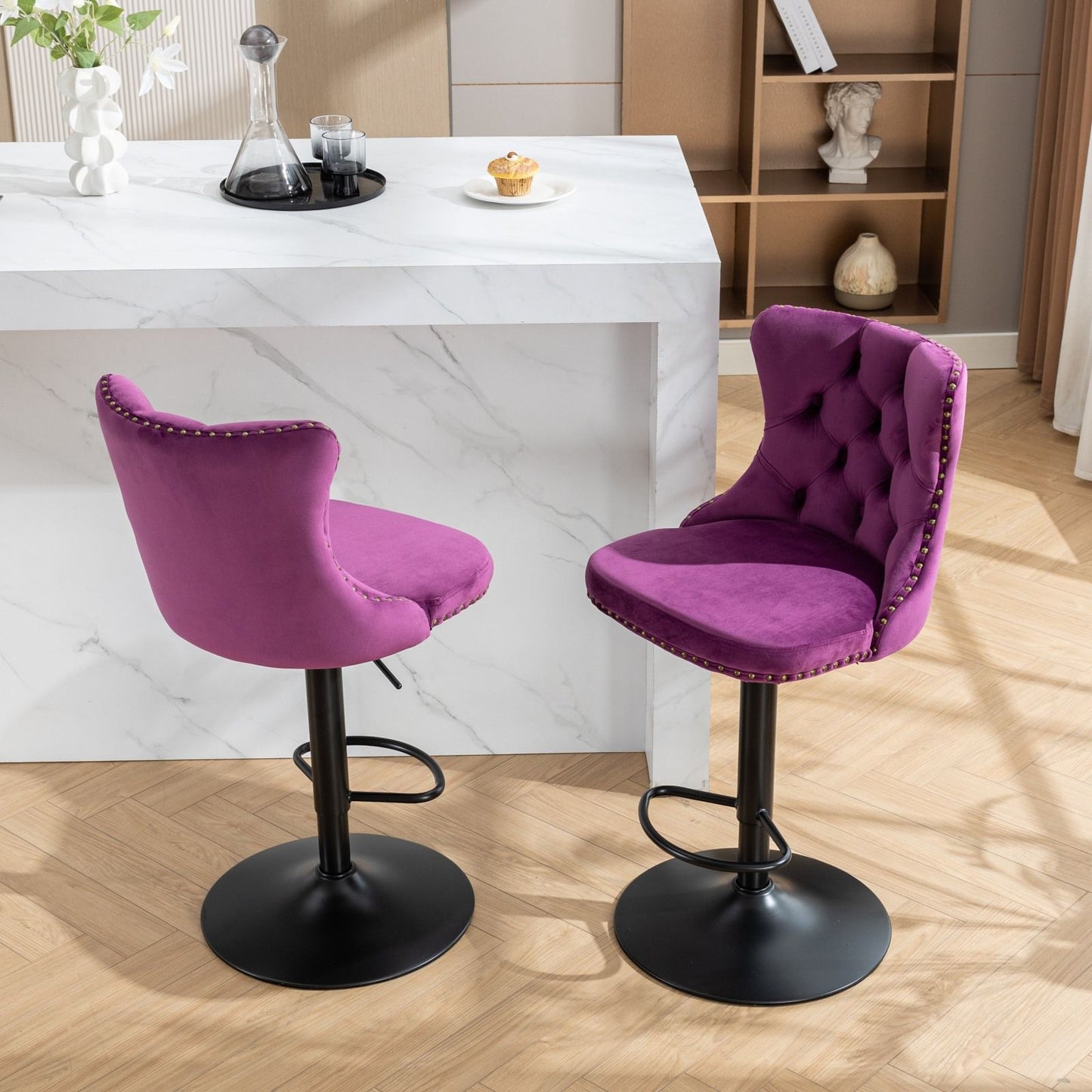 Swivel Velvet Barstools Adjusatble Seat Height , Modern Upholstered Bar Stools With Backs Comfortable Tufted For Home Pub And Kitchen Island (Set of 2) - Purple