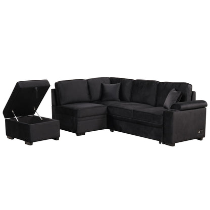 Sleeper Sofa Bed, 2 In 1 Pull Out Sofa Bed L-Shape Couch With Storage Ottoman For Living Room, Bedroom Couch And Small Apartment - Black
